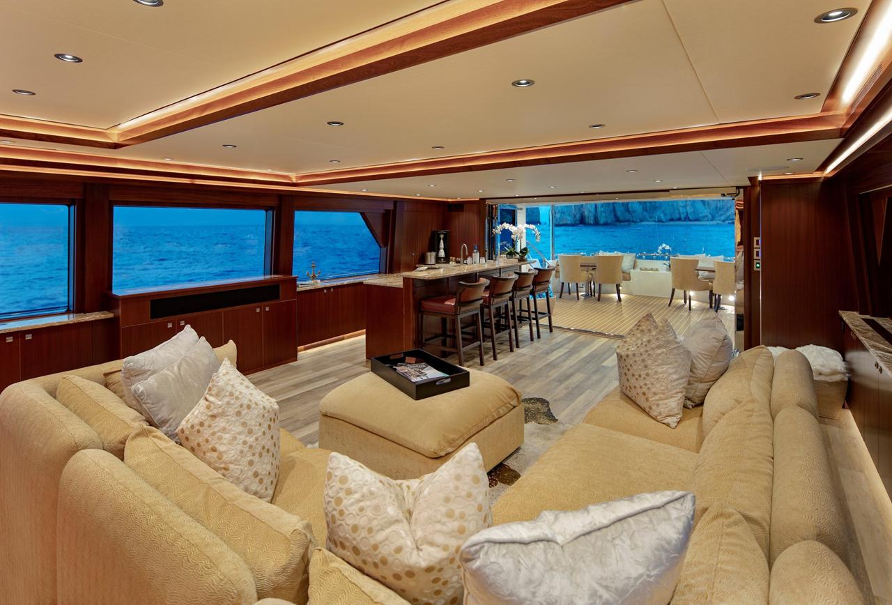 The main lounge of a 130-foot motor yacht