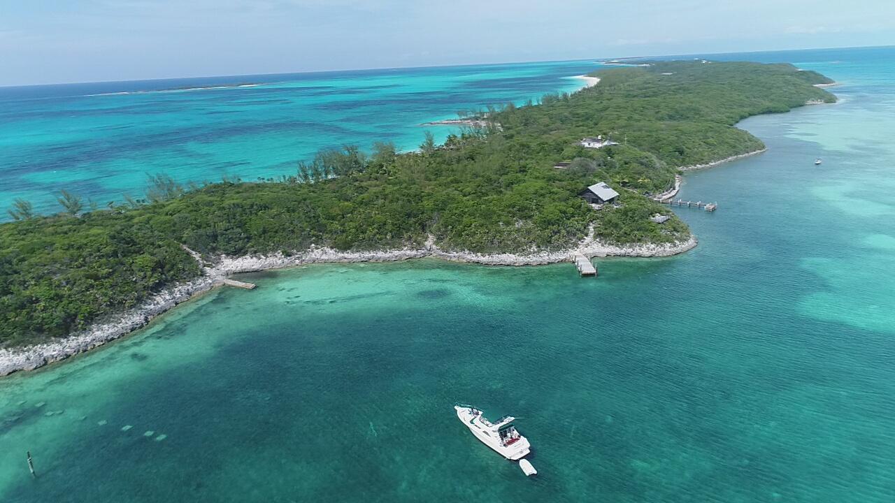 Aerial view of Rose Island's sandy shallows, a short cruise east of Nassau, Bahamas