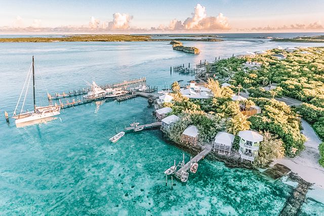 Aerial view of Staniel Cay Yacht Club and its docks in the Exuma Cays, Bahamas