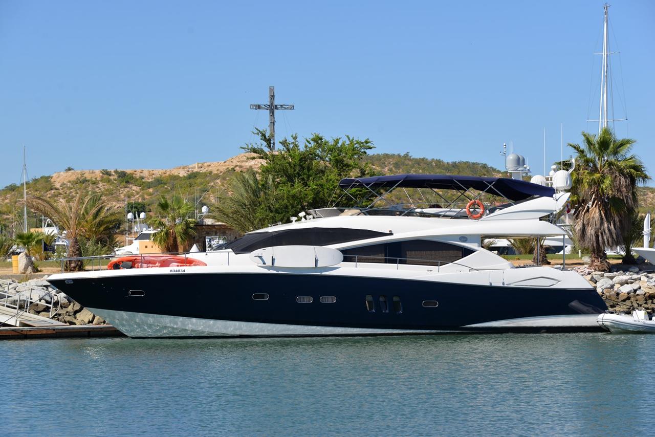 A Sunseeker motor yacht berthed at Puerto Los Cabos marina in San Jose del Cabo